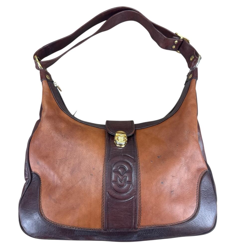 Vintage Marino Orlandi Italian Leather Hobo Bag Two Tone Brown Cognac Shoulder